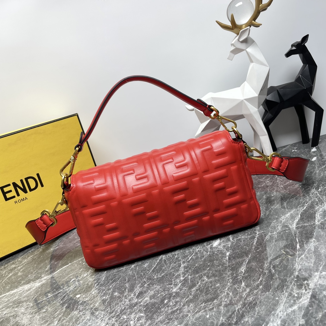 Fendi Medium Baguette Nappa Leather with FF Motif Shoulder Bag Red